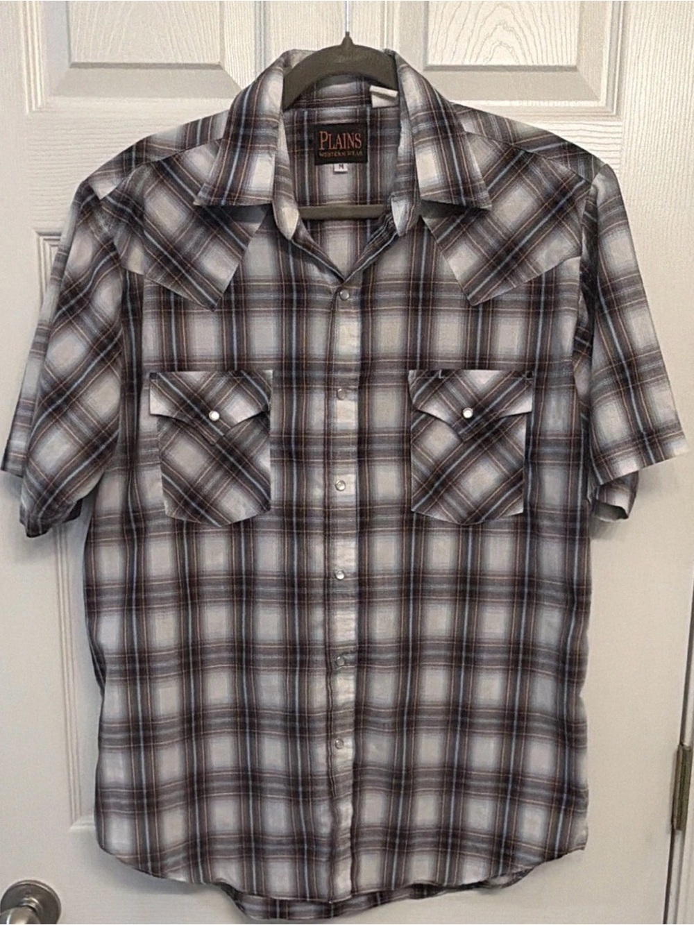 Plains Western Wear Men's M Plaid Short Sleeve Snap Shirt Woven Cotton/Poly